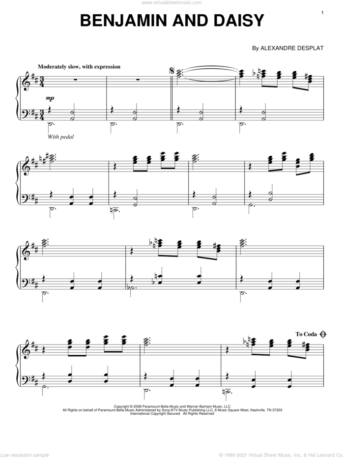 Benjamin And Daisy, (intermediate) sheet music for piano solo by Alexandre Desplat and The Curious Case Of Benjamin Button (Movie), intermediate skill level