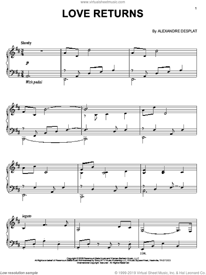 Love Returns sheet music for piano solo by Alexandre Desplat and The Curious Case Of Benjamin Button (Movie), intermediate skill level