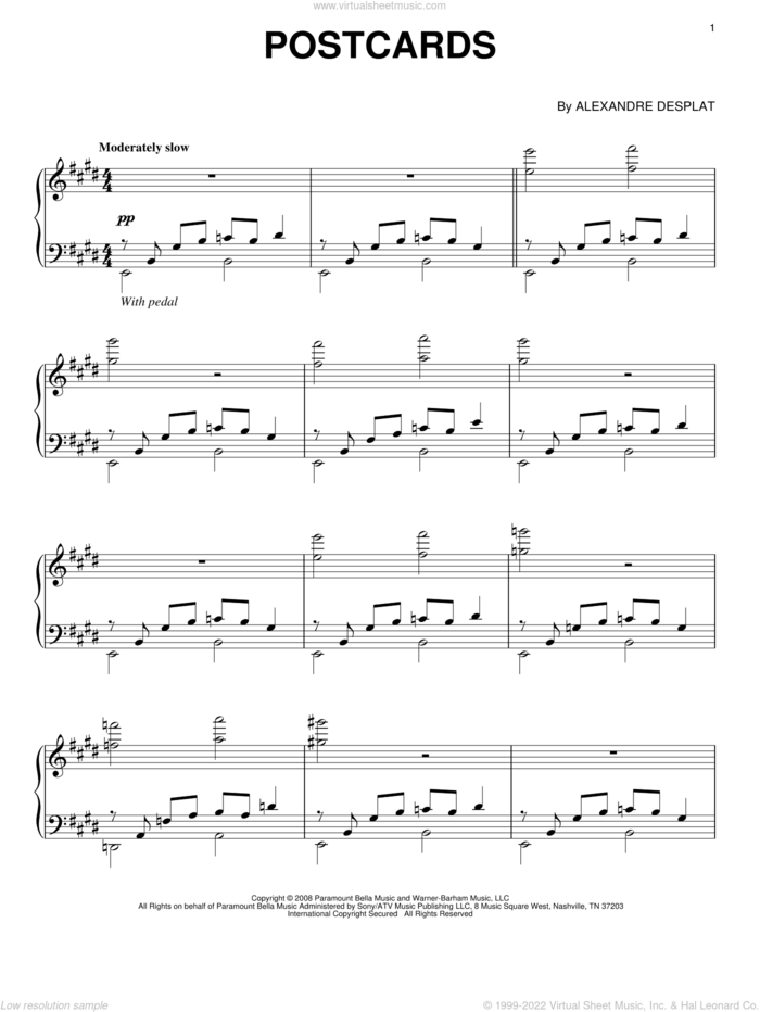 Postcards sheet music for piano solo by Alexandre Desplat and The Curious Case Of Benjamin Button (Movie), intermediate skill level