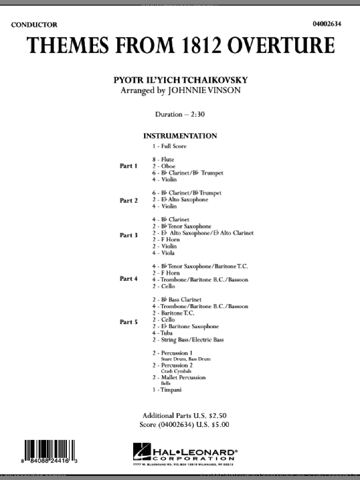 Themes from 1812 Overture (COMPLETE) sheet music for concert band by Pyotr Ilyich Tchaikovsky and Johnnie Vinson, intermediate skill level