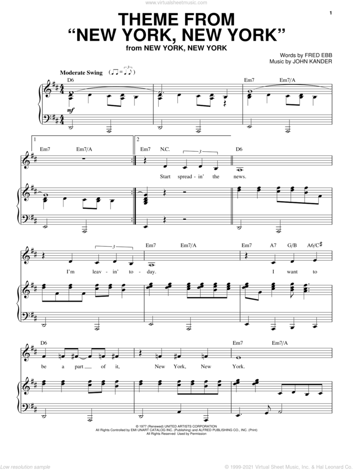 Theme From 'New York, New York' sheet music for voice and piano by Liza Minnelli, Frank Sinatra, Kander & Ebb, Fred Ebb and John Kander, intermediate skill level