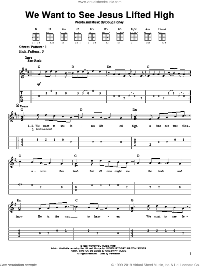 We Want To See Jesus Lifted High sheet music for guitar solo (easy tablature) by Noel Richards and Doug Horley, easy guitar (easy tablature)