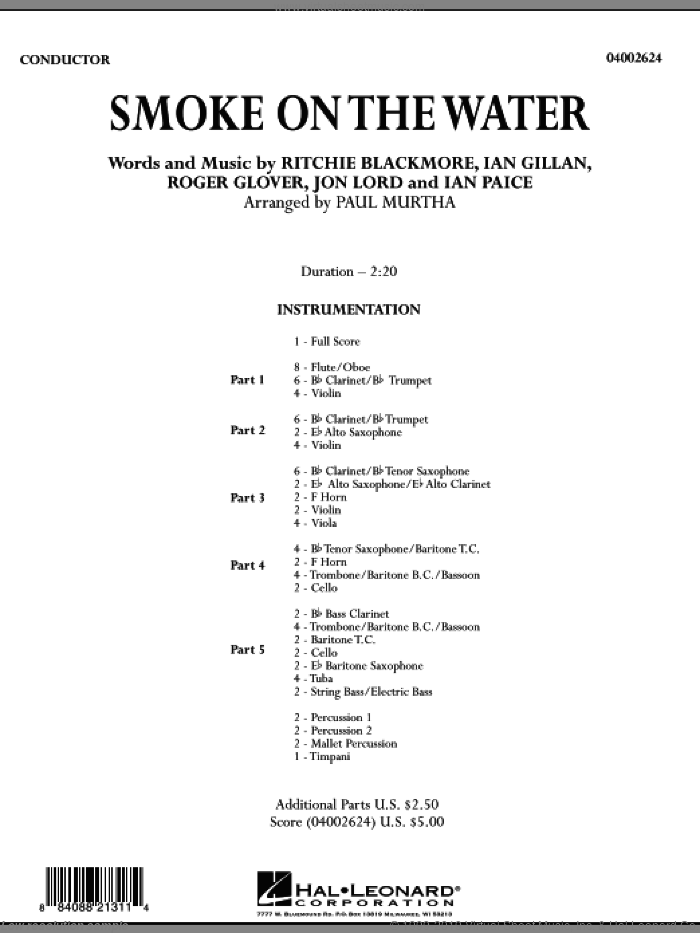 Smoke on the Water (COMPLETE) sheet music for concert band by Paul Murtha, Ian Gillan, Ritchie Blackmore, Roger Glover and Deep Purple, intermediate skill level
