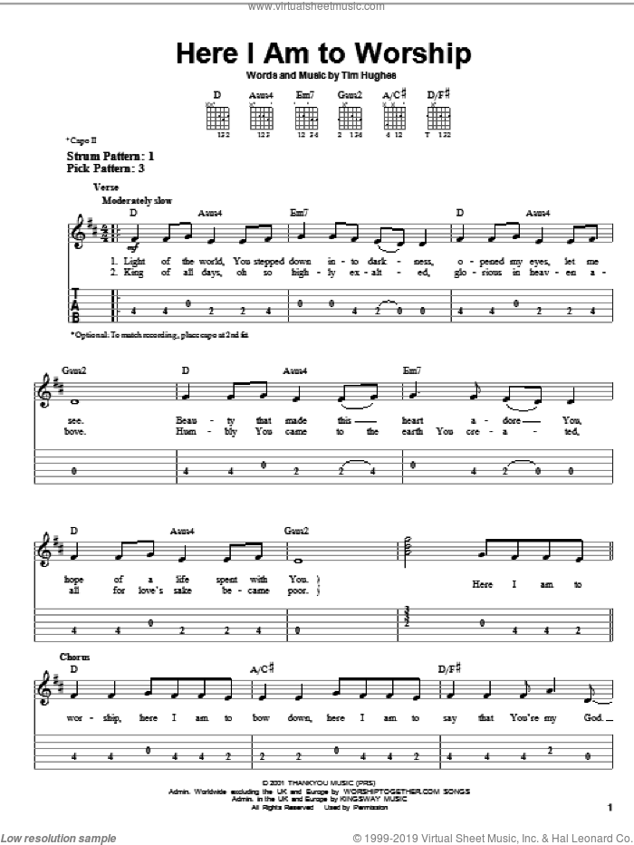 Here I Am To Worship sheet music for guitar solo (easy tablature) by Phillips, Craig & Dean and Tim Hughes, easy guitar (easy tablature)