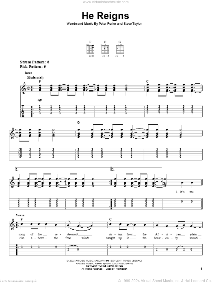 He Reigns sheet music for guitar solo (easy tablature) by Newsboys, Peter Furler and Steve Taylor, easy guitar (easy tablature)