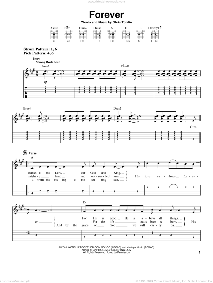 Forever sheet music for guitar solo (easy tablature) by Chris Tomlin, easy guitar (easy tablature)