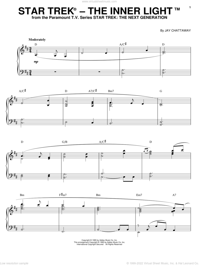 Star Trek - The Inner Light sheet music for piano solo by Jay Chattaway and Star Trek(R), intermediate skill level