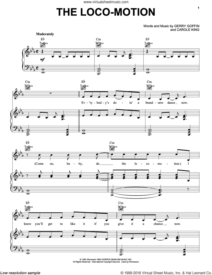 The Loco-Motion sheet music for voice, piano or guitar by Little Eva, Grand Funk Railroad, Kylie Minogue, Carole King and Gerry Goffin, intermediate skill level