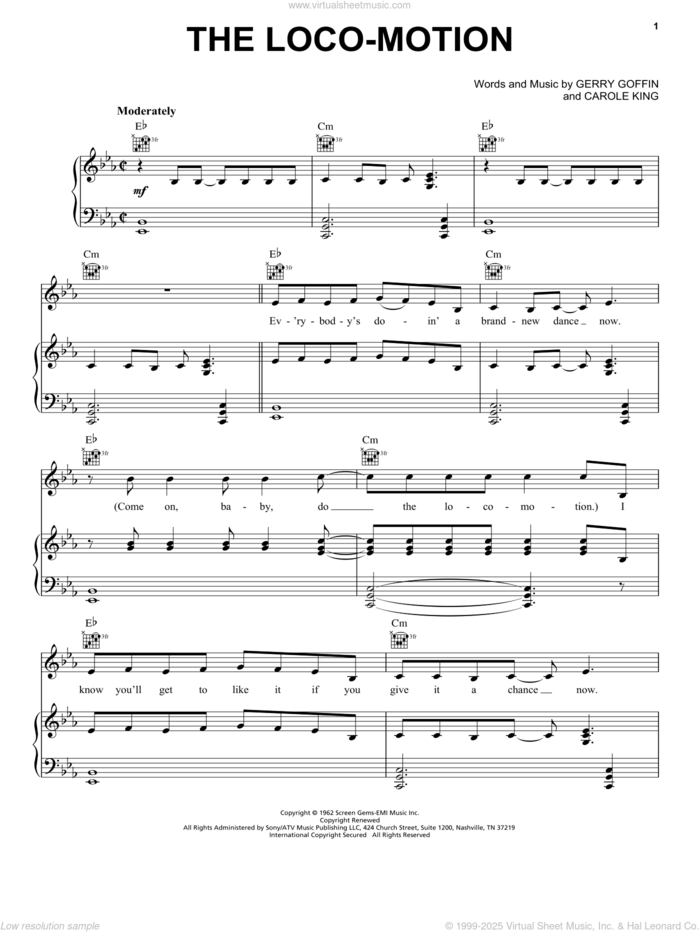 The Loco-Motion sheet music for voice, piano or guitar by Little Eva, Grand Funk Railroad, Kylie Minogue, Carole King and Gerry Goffin, intermediate skill level