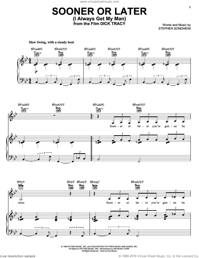 Sooner Or Later (I Always Get My Man) sheet music for voice, piano or guitar by Stephen Sondheim and Madonna, intermediate skill level