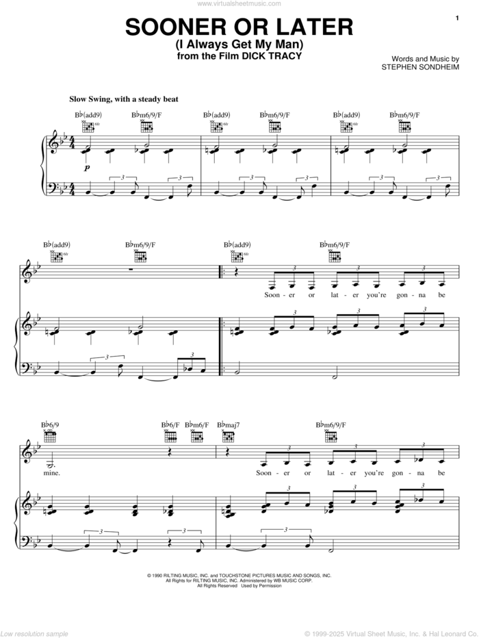 Sooner Or Later (I Always Get My Man) sheet music for voice, piano or guitar by Stephen Sondheim and Madonna, intermediate skill level