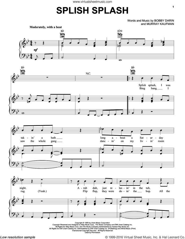 Splish Splash sheet music for voice, piano or guitar by Bobby Darin, Sha Na Na and Murray Kaufman, intermediate skill level