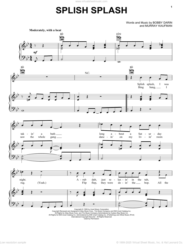 Splish Splash sheet music for voice, piano or guitar by Bobby Darin, Sha Na Na and Murray Kaufman, intermediate skill level