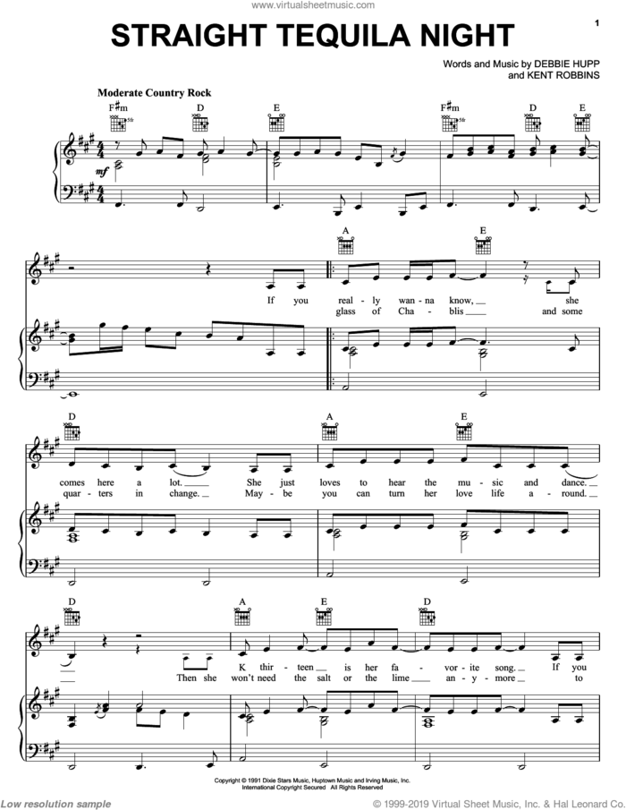 Straight Tequila Night sheet music for voice, piano or guitar by John Anderson, Debbie Hupp and Kent Robbins, intermediate skill level