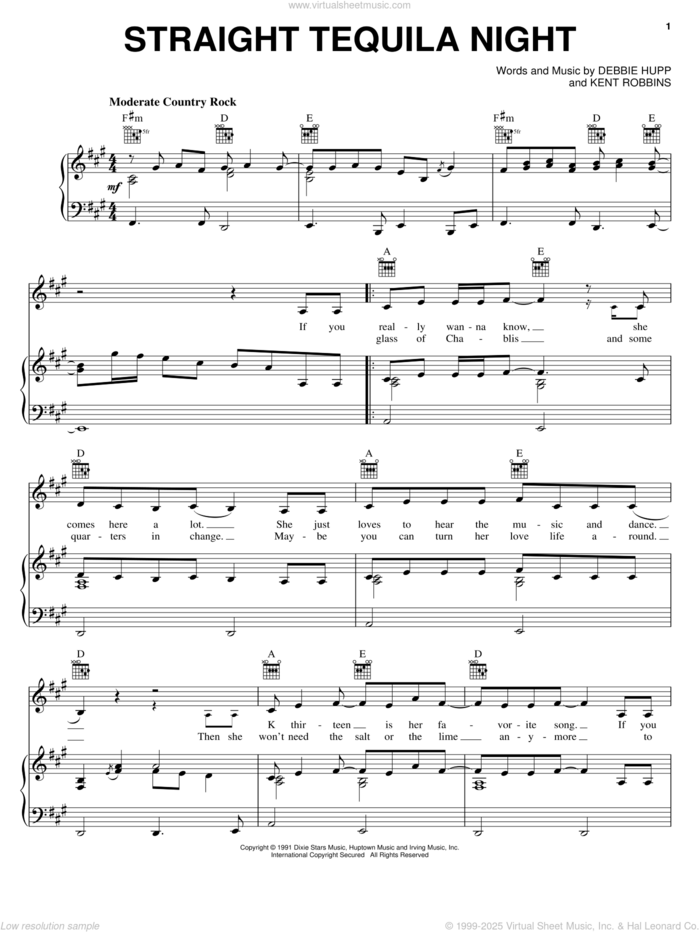 Straight Tequila Night sheet music for voice, piano or guitar by John Anderson, Debbie Hupp and Kent Robbins, intermediate skill level