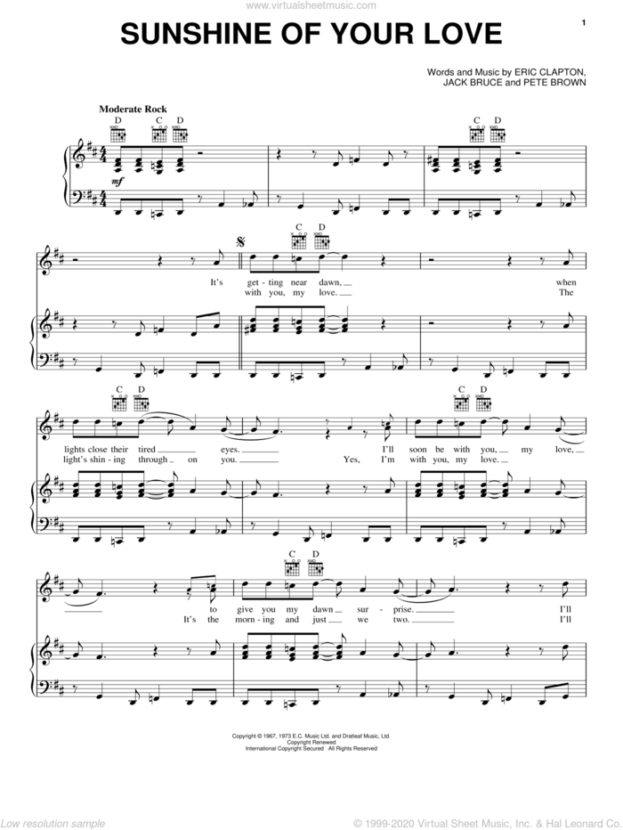 Sunshine Of Your Love sheet music for voice, piano or guitar by Cream, Eric Clapton, Jack Bruce and Pete Brown, intermediate skill level