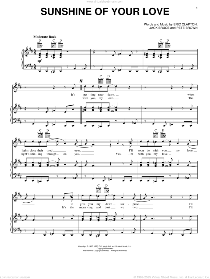 Sunshine Of Your Love sheet music for voice, piano or guitar by Cream, Eric Clapton, Jack Bruce and Pete Brown, intermediate skill level