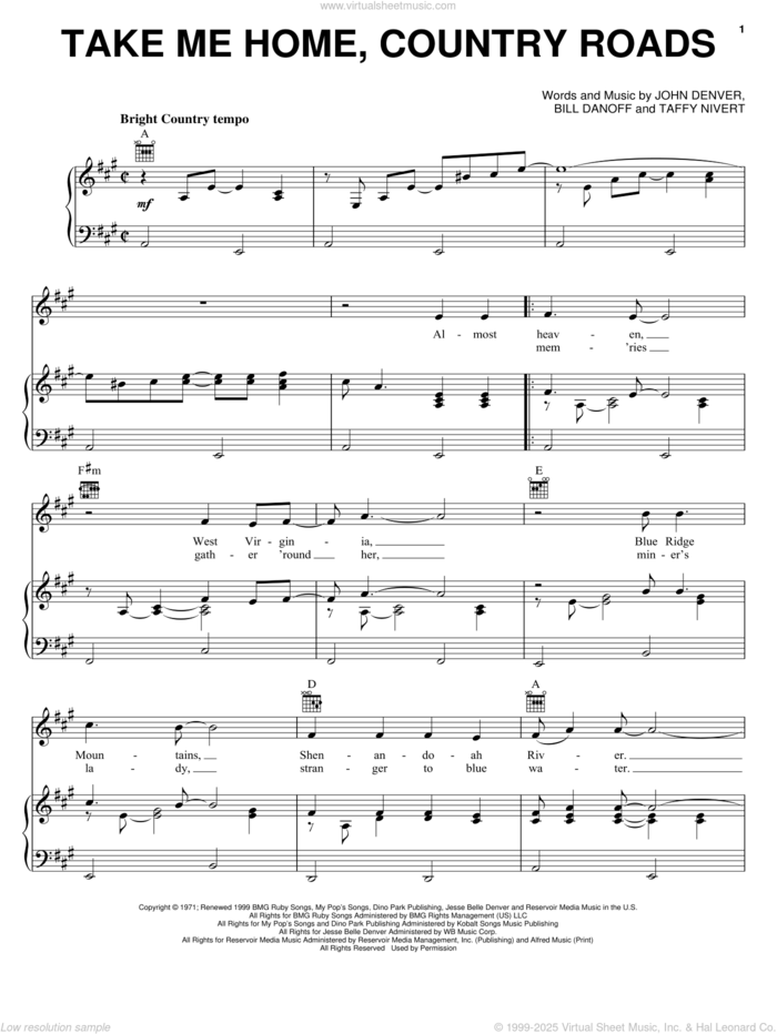 Take Me Home, Country Roads sheet music for voice, piano or guitar by John Denver, Olivia Newton-John, Bill Danoff and Taffy Nivert, intermediate skill level