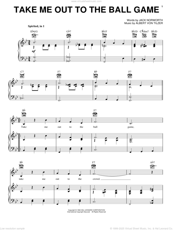 Take Me Out To The Ball Game sheet music for voice, piano or guitar by Jack Norworth and Albert von Tilzer, intermediate skill level