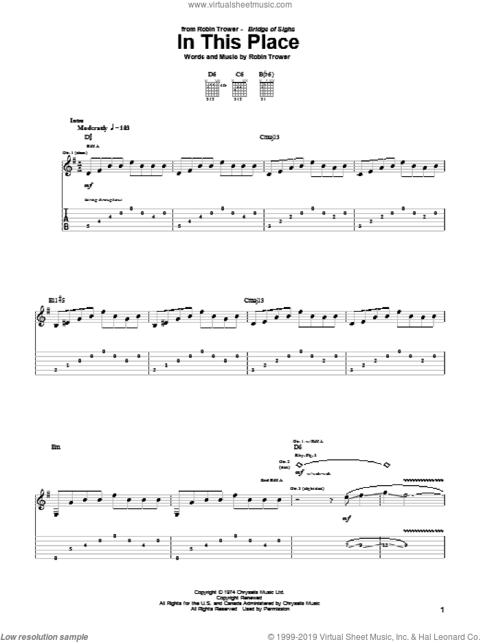 In This Place sheet music for guitar (tablature) by Robin Trower, intermediate skill level