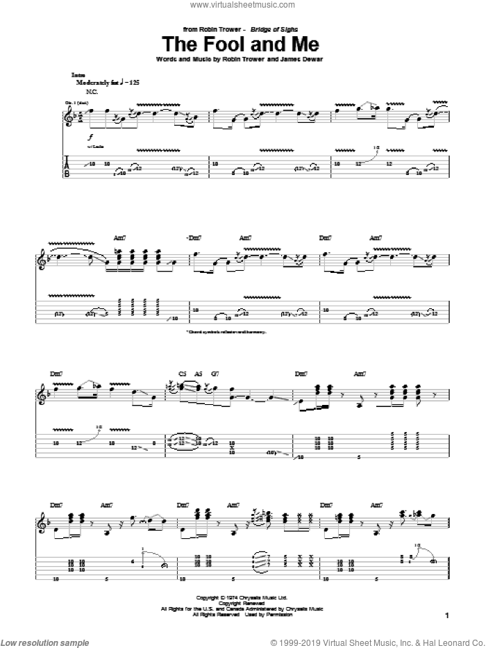The Fool And Me sheet music for guitar (tablature) by Robin Trower and James Dewar, intermediate skill level