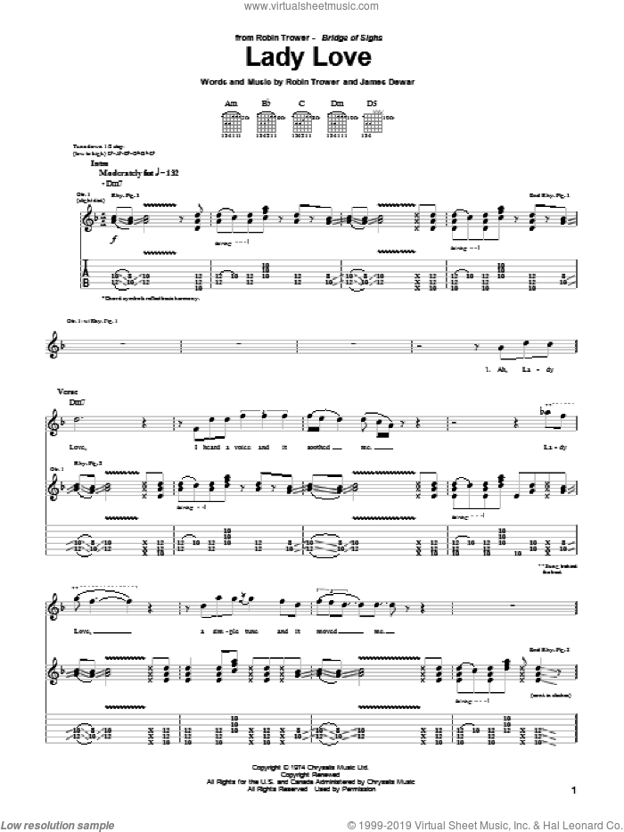 Lady Love sheet music for guitar (tablature) by Robin Trower and James Dewar, intermediate skill level