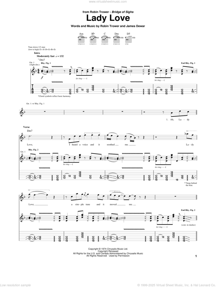 Lady Love sheet music for guitar (tablature) by Robin Trower and James Dewar, intermediate skill level