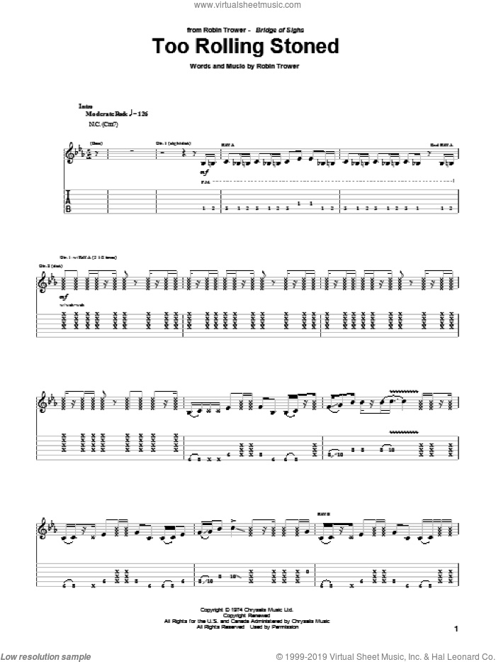 Too Rolling Stoned sheet music for guitar (tablature) by Robin Trower, intermediate skill level