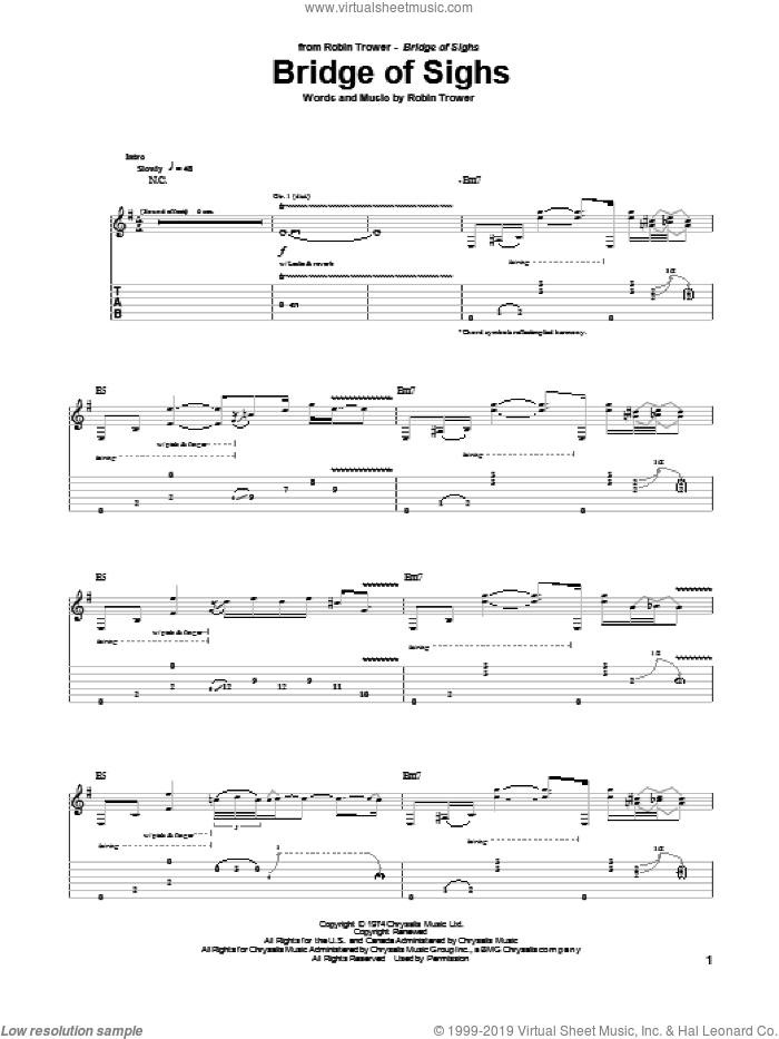 Bridge Of Sighs sheet music for guitar (tablature) by Robin Trower, intermediate skill level