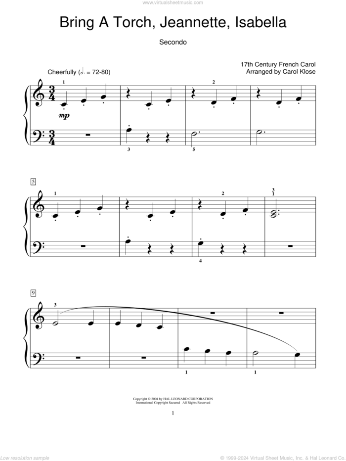 Bring A Torch, Jeannette Isabella sheet music for piano four hands by Anonymous, Carol Klose and Miscellaneous, intermediate skill level