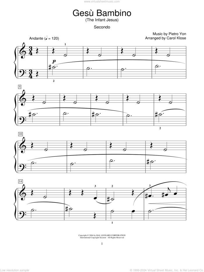 Gesu Bambino (The Infant Jesus) sheet music for piano four hands by Frederick H. Martens, Carol Klose, Miscellaneous and Pietro Yon, intermediate skill level