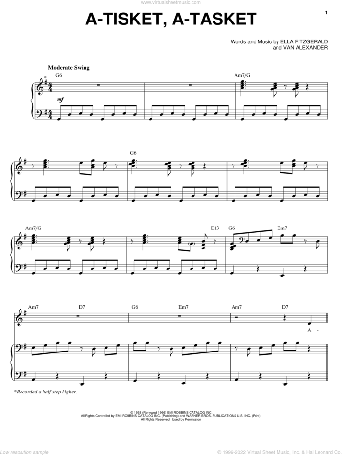 A-Tisket, A-Tasket sheet music for voice and piano by Ella Fitzgerald and Van Alexander, intermediate skill level