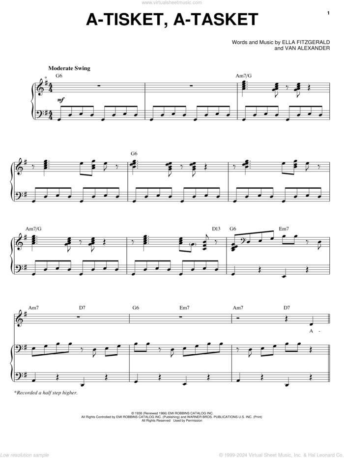 A-Tisket, A-Tasket sheet music for voice and piano by Ella Fitzgerald and Van Alexander, intermediate skill level