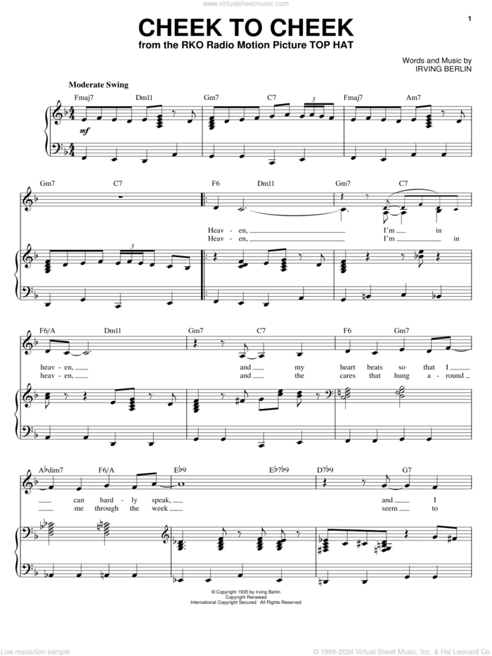 Cheek To Cheek sheet music for voice and piano by Ella Fitzgerald and Irving Berlin, intermediate skill level