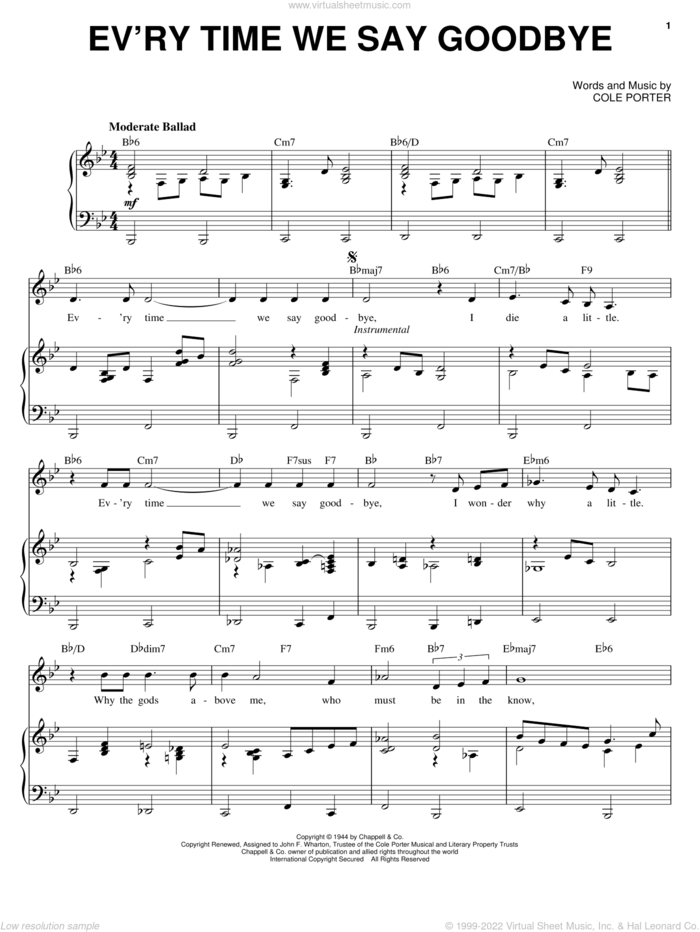 Ev'ry Time We Say Goodbye sheet music for voice and piano by Ella Fitzgerald, Dinah Washington and Cole Porter, intermediate skill level