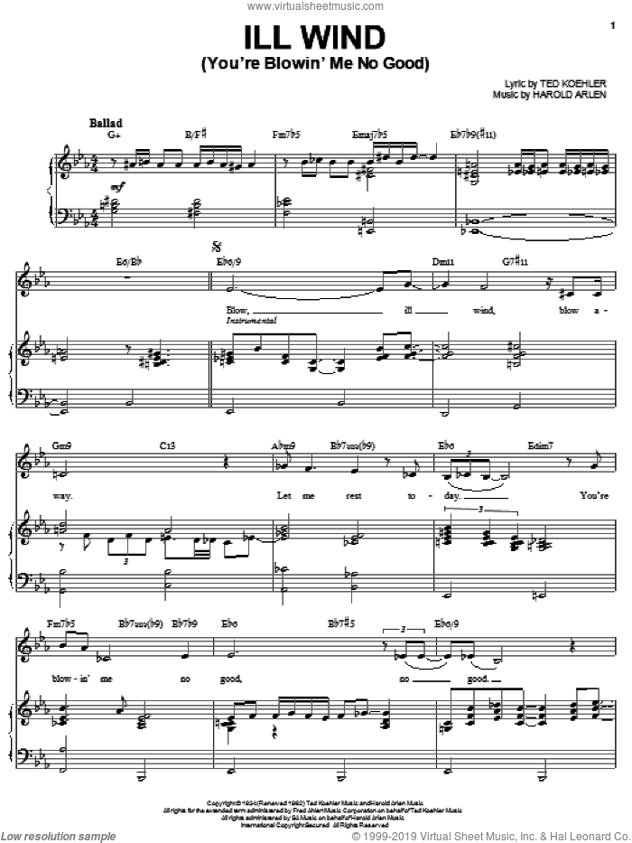 Ill Wind (You're Blowin' Me No Good) sheet music for voice and piano by Ella Fitzgerald, Harold Arlen and Ted Koehler, intermediate skill level