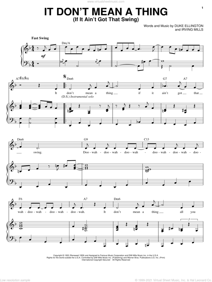 It Don't Mean A Thing (If It Ain't Got That Swing) sheet music for voice and piano by Ella Fitzgerald, Chet Atkins, Ivie Anderson, Lionel Hampton, Louis Armstrong, Nina Simone, The Mills Brothers, Duke Ellington and Irving Mills, intermediate skill level
