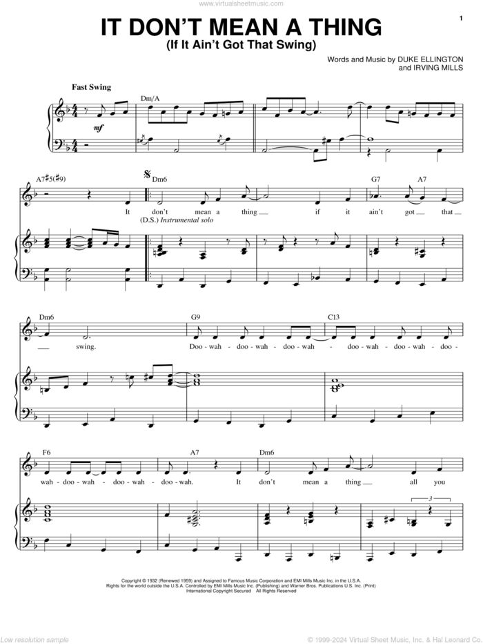 It Don't Mean A Thing (If It Ain't Got That Swing) sheet music for voice and piano by Ella Fitzgerald, Chet Atkins, Ivie Anderson, Lionel Hampton, Louis Armstrong, Nina Simone, The Mills Brothers, Duke Ellington and Irving Mills, intermediate skill level