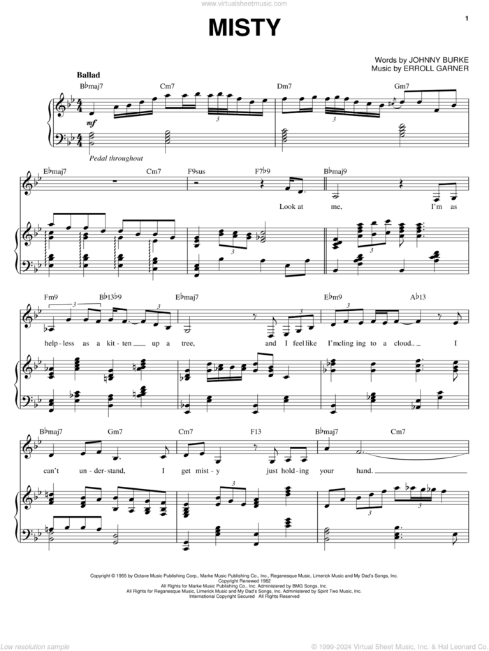 Misty sheet music for voice and piano by Ella Fitzgerald, Johnny Mathis, Kenny Rogers, Ray Stevens, Sarah Vaughan, Stephane Grappelli, Erroll Garner and John Burke, intermediate skill level