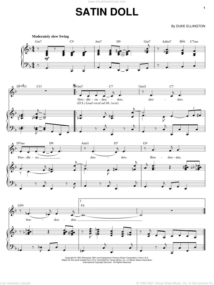 Satin Doll sheet music for voice and piano by Ella Fitzgerald, Billy Strayhorn, Duke Ellington and Johnny Mercer, intermediate skill level