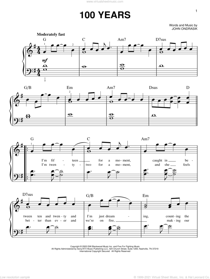 100 Years, (easy) sheet music for piano solo by Five For Fighting and John Ondrasik, easy skill level