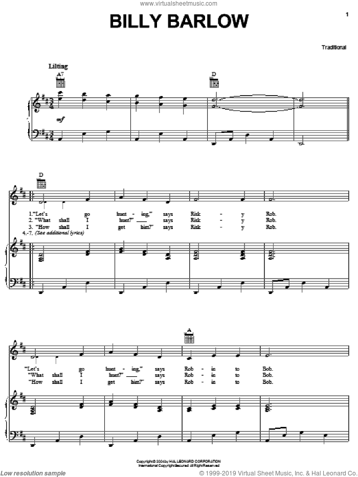 Billy Barlow sheet music for voice, piano or guitar by John A. Lomax, intermediate skill level
