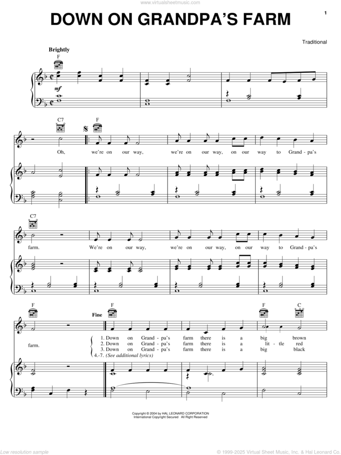 Down On Grandpa's Farm sheet music for voice, piano or guitar, intermediate skill level