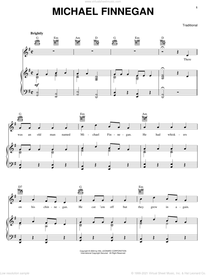 Michael Finnegan sheet music for voice, piano or guitar, intermediate skill level