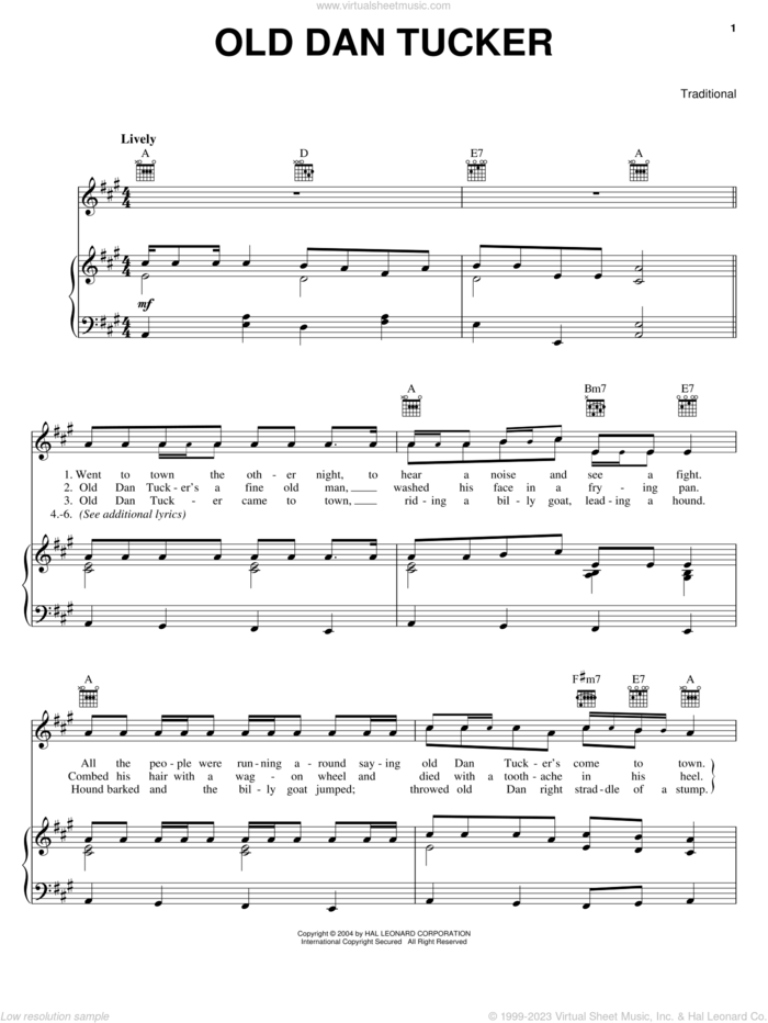Old Dan Tucker sheet music for voice, piano or guitar, intermediate skill level