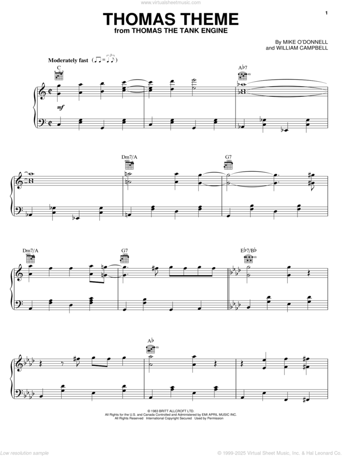 Thomas Theme sheet music for piano solo by Mike O'Donnell and William Campbell, intermediate skill level