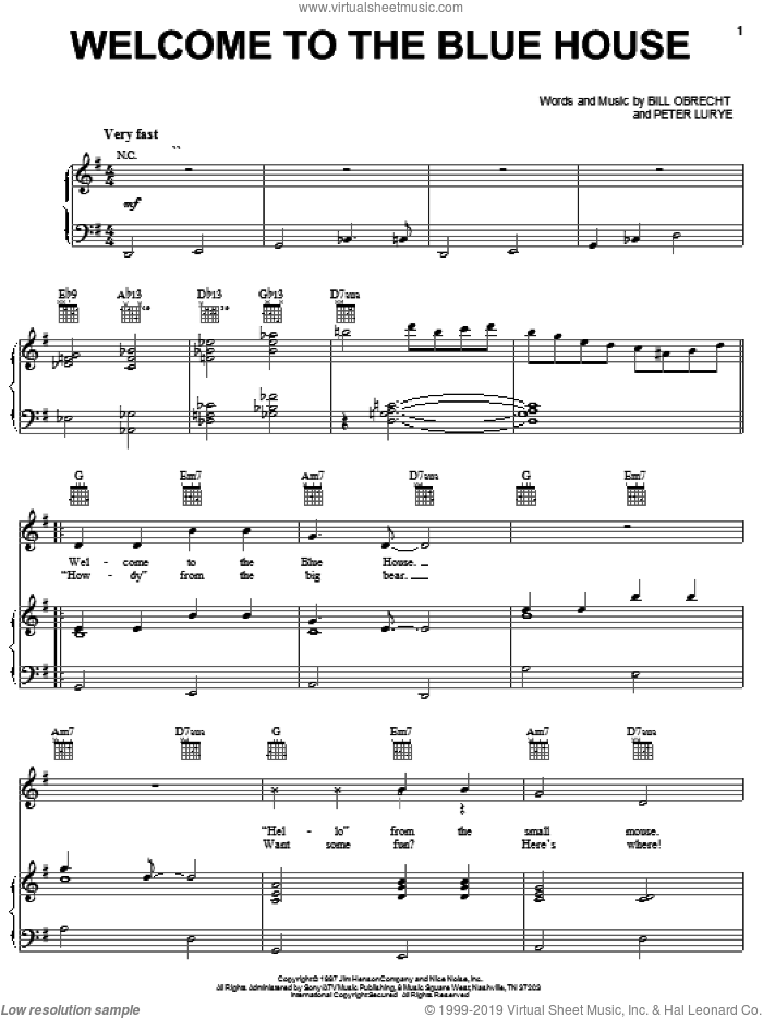 Welcome To The Blue House sheet music for voice, piano or guitar by Bill Obrecht and Peter Lurye, intermediate skill level
