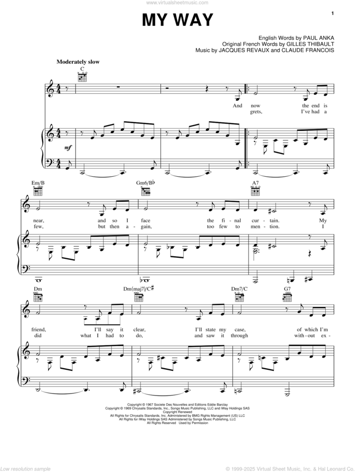 My Way sheet music for voice, piano or guitar by Elvis Presley, Frank Sinatra, Claude Francois, Gilles Thibault, Jacques Revaux and Paul Anka, intermediate skill level