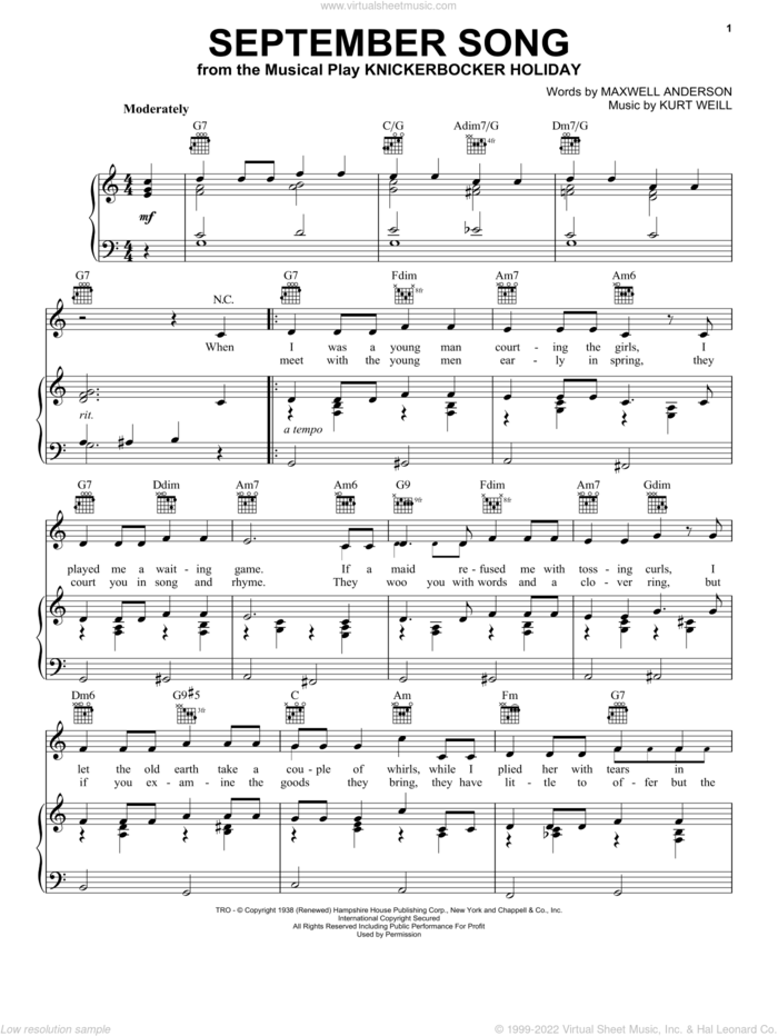 September Song sheet music for voice, piano or guitar by Frank Sinatra, Bing Crosby, Ella Fitzgerald, Lena Horne, Sarah Vaughan, Kurt Weill and Maxwell Anderson, intermediate skill level