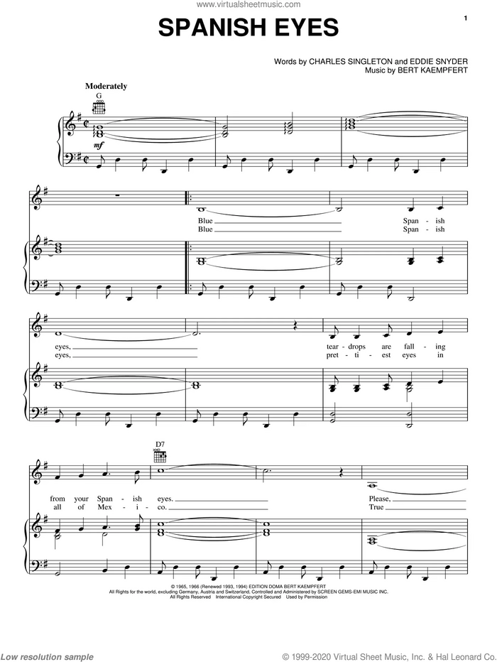 Spanish Eyes sheet music for voice, piano or guitar by Al Martino, Engelbert Humperdinck, Bert Kaempfert, Charles Singleton and Eddie Snyder, intermediate skill level